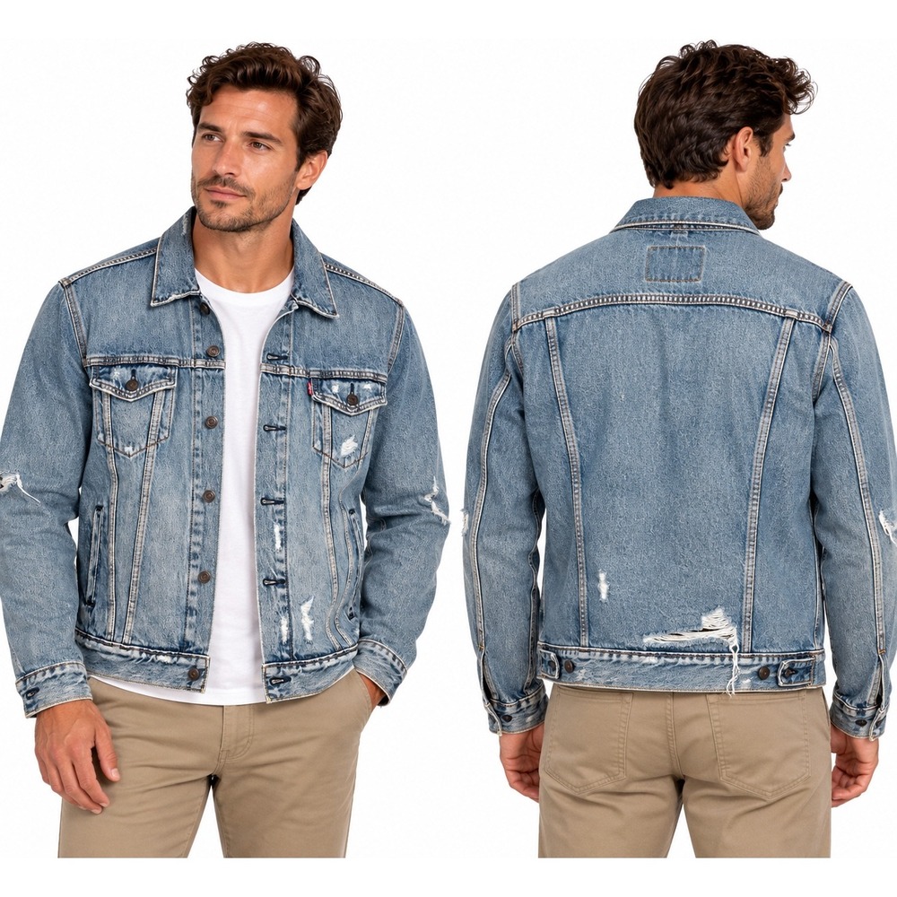 Levis Trucker Jacket Large Blue Distressed Denim Rugged Streetwear Classic
